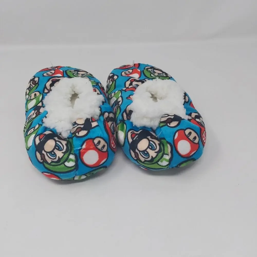 Nintendo Super Mario Luigi Plush Sherpa Slippers Kids Blue Cozy House Shoes 8-13